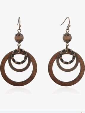 Boho Wood & Metal Hoop Earrings